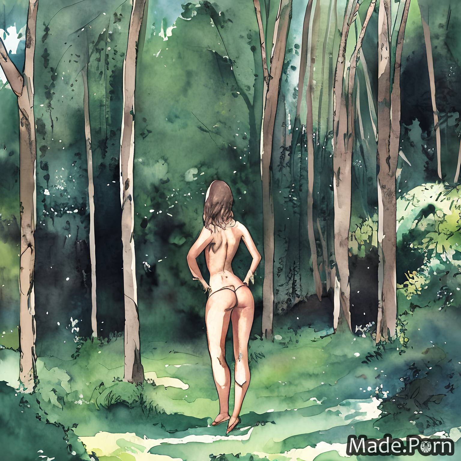 woman watercolor panties forest back view topless standing
