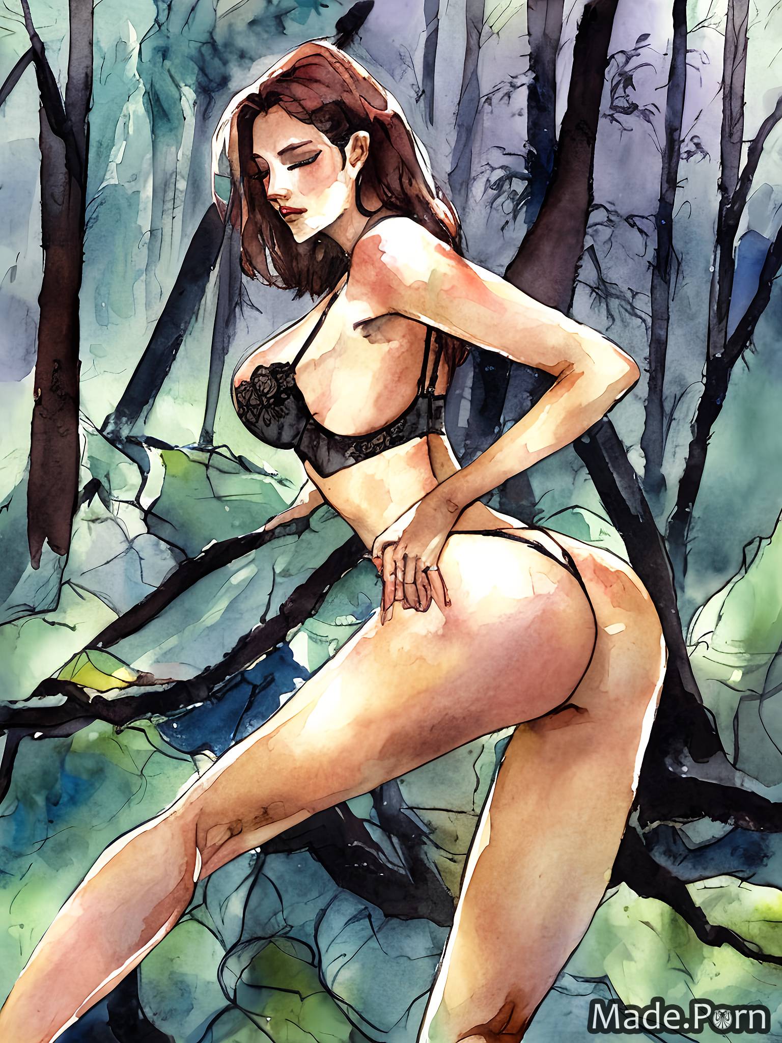bent over lingerie forest woman 20 watercolor