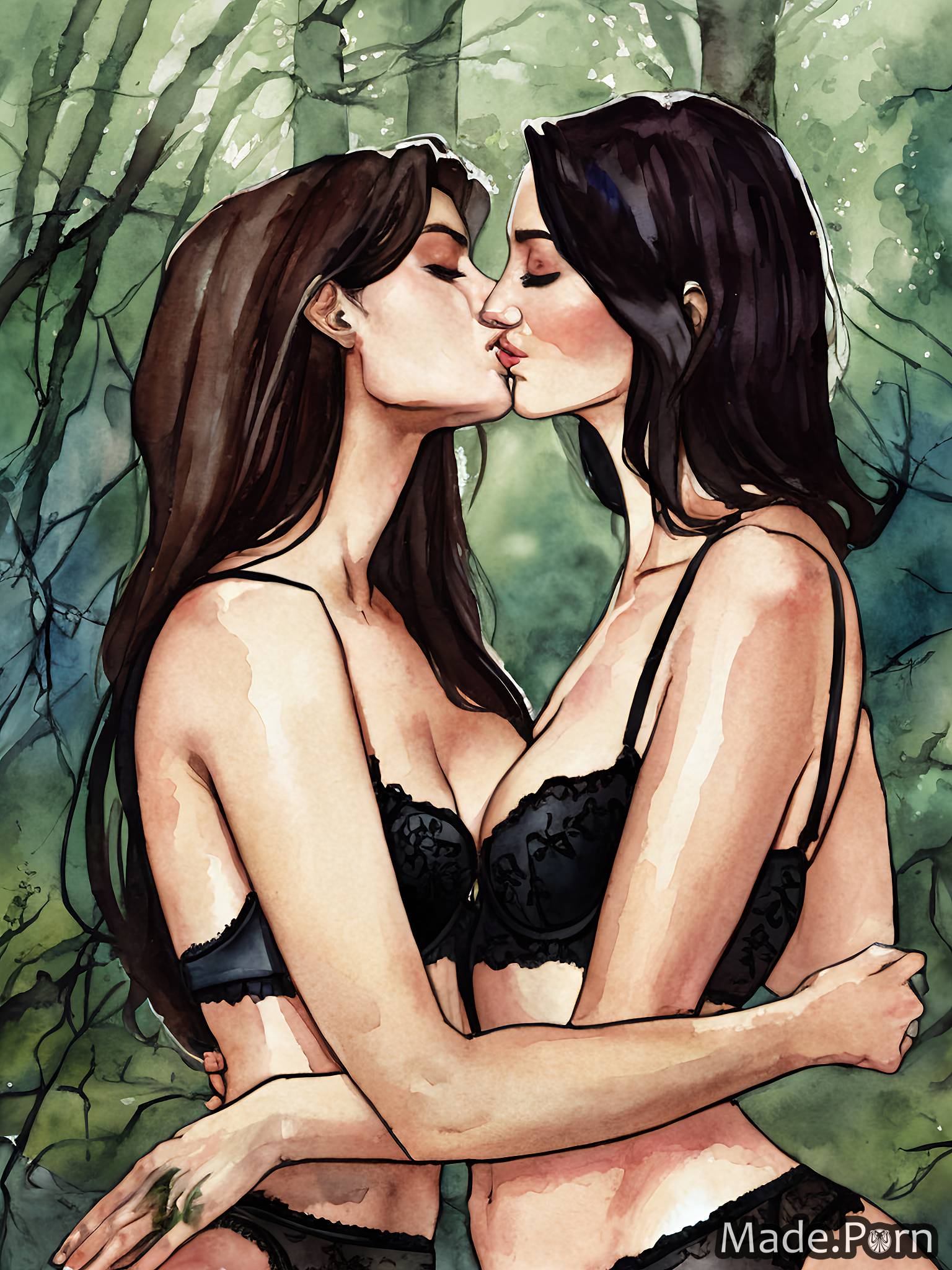 profile shot kissing lingerie 20 lesbian watercolor forest