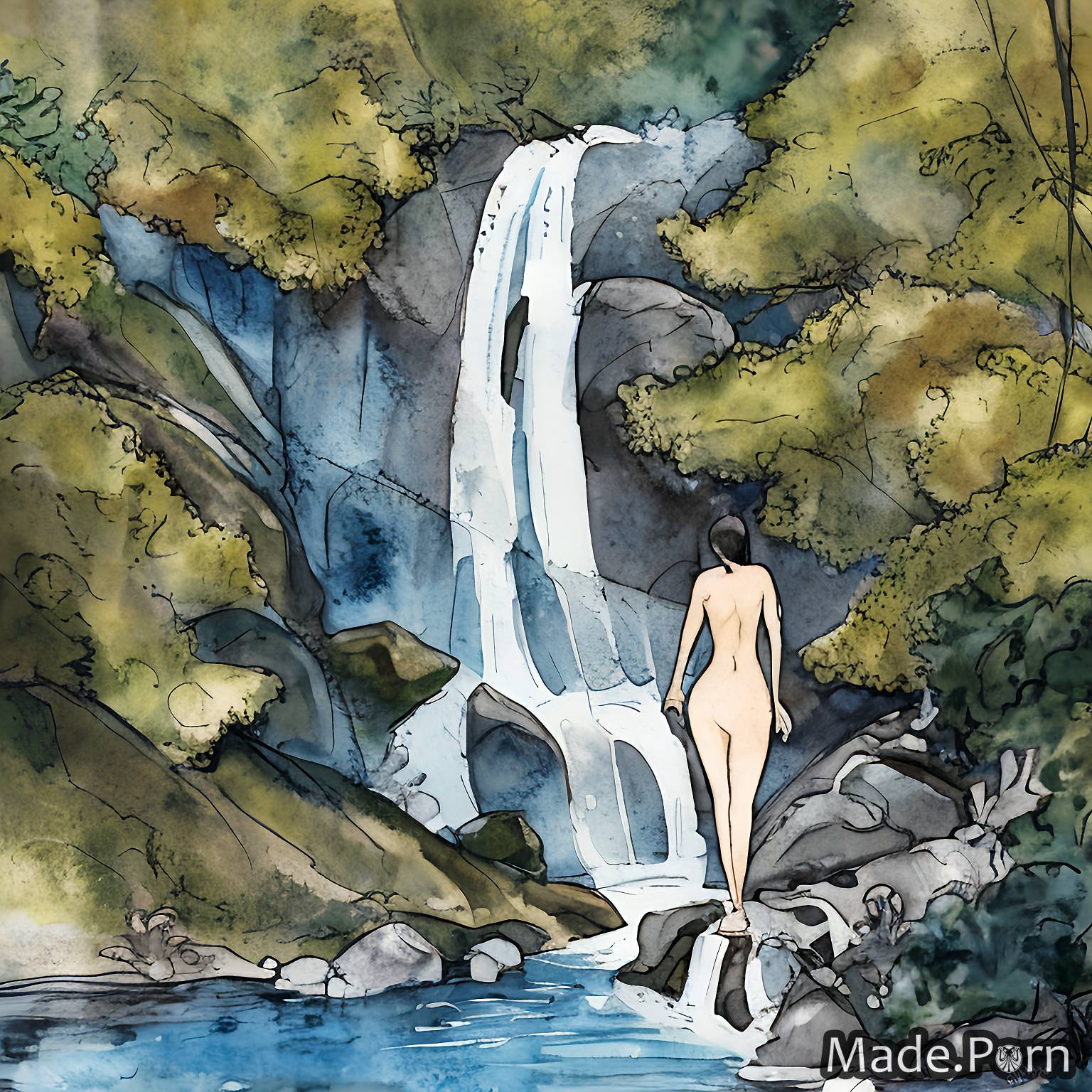 nude lake forest waterfall 20 watercolor woman