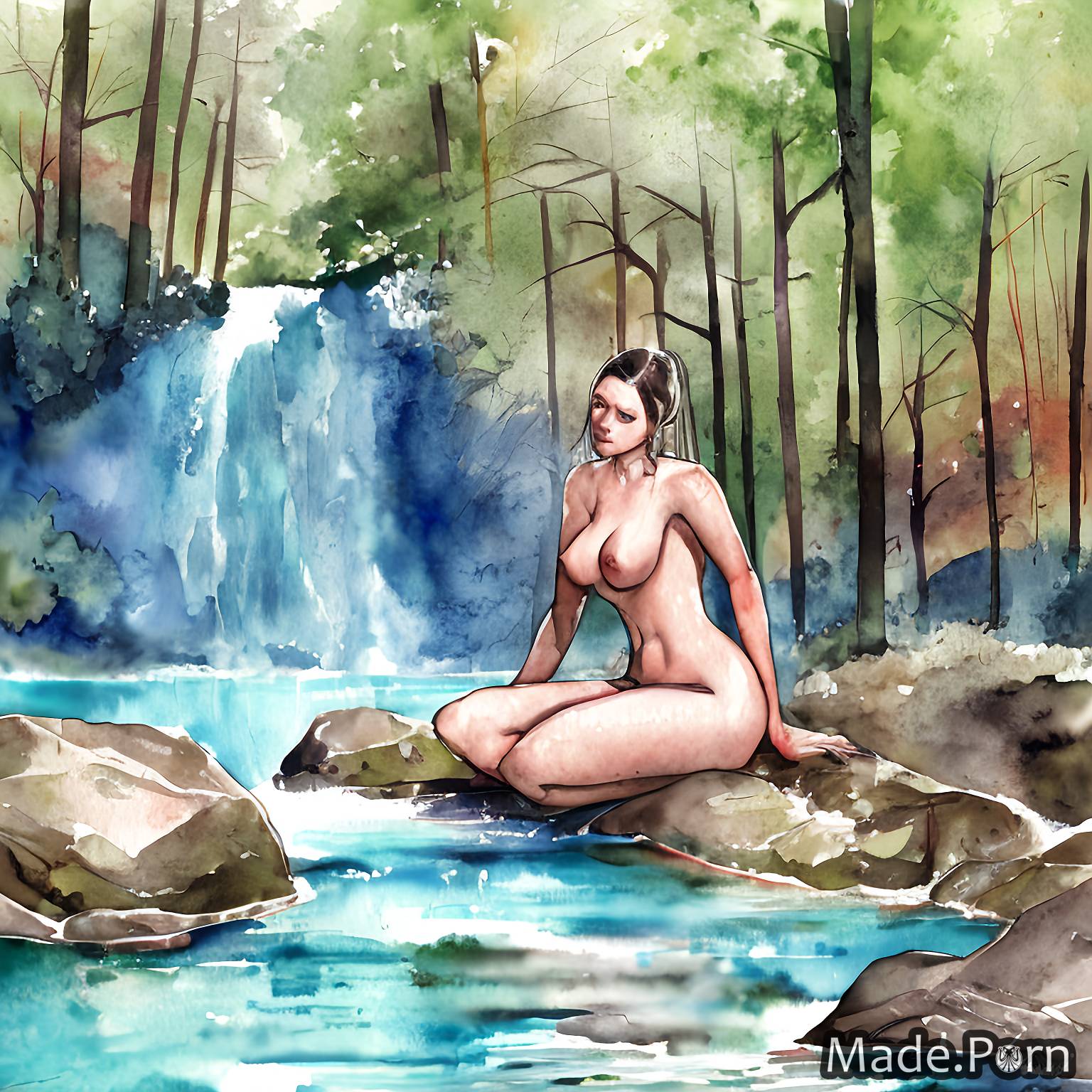 woman 20 forest lake waterfall watercolor nude