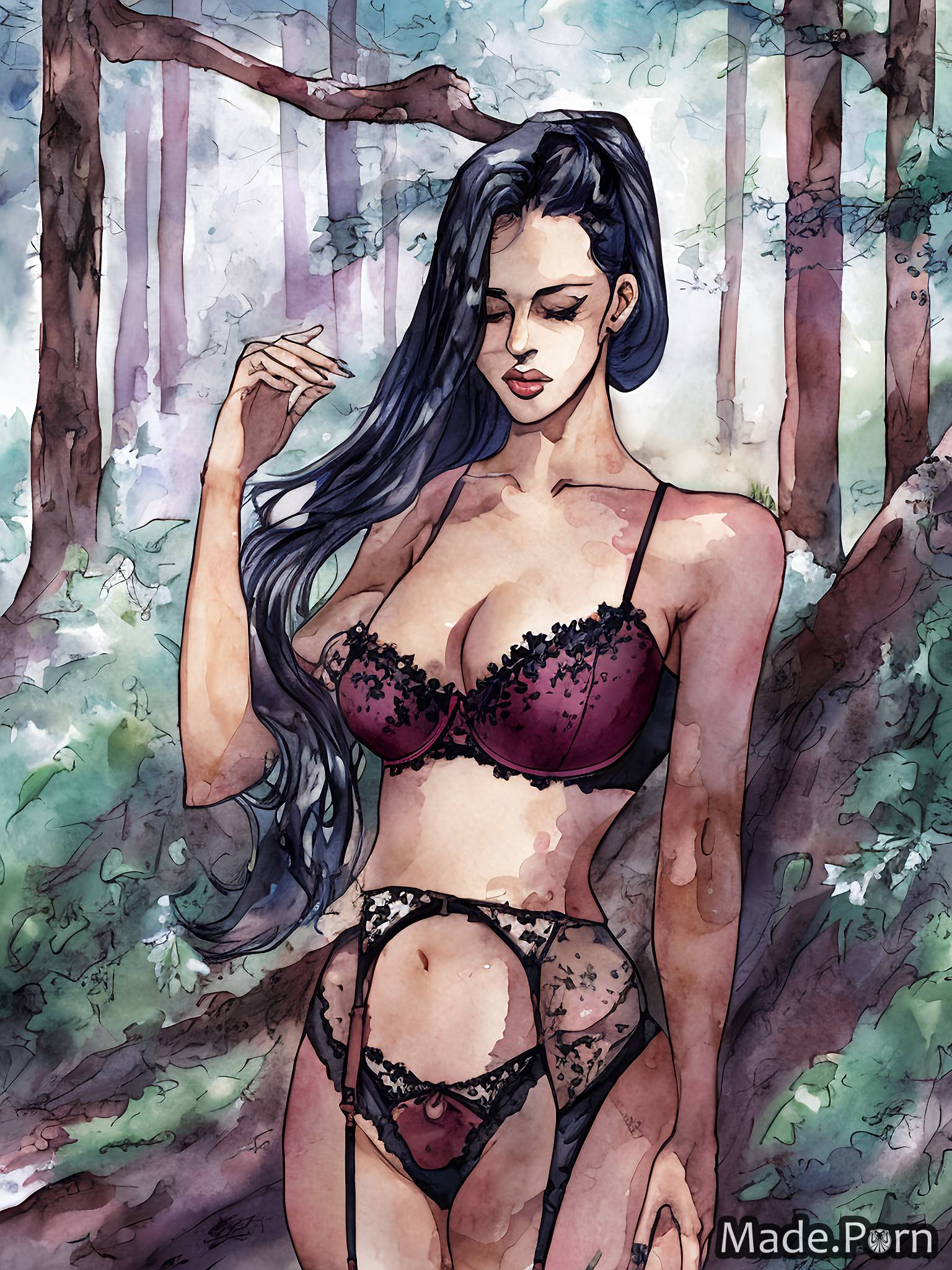 profile shot forest lingerie watercolor 20 woman